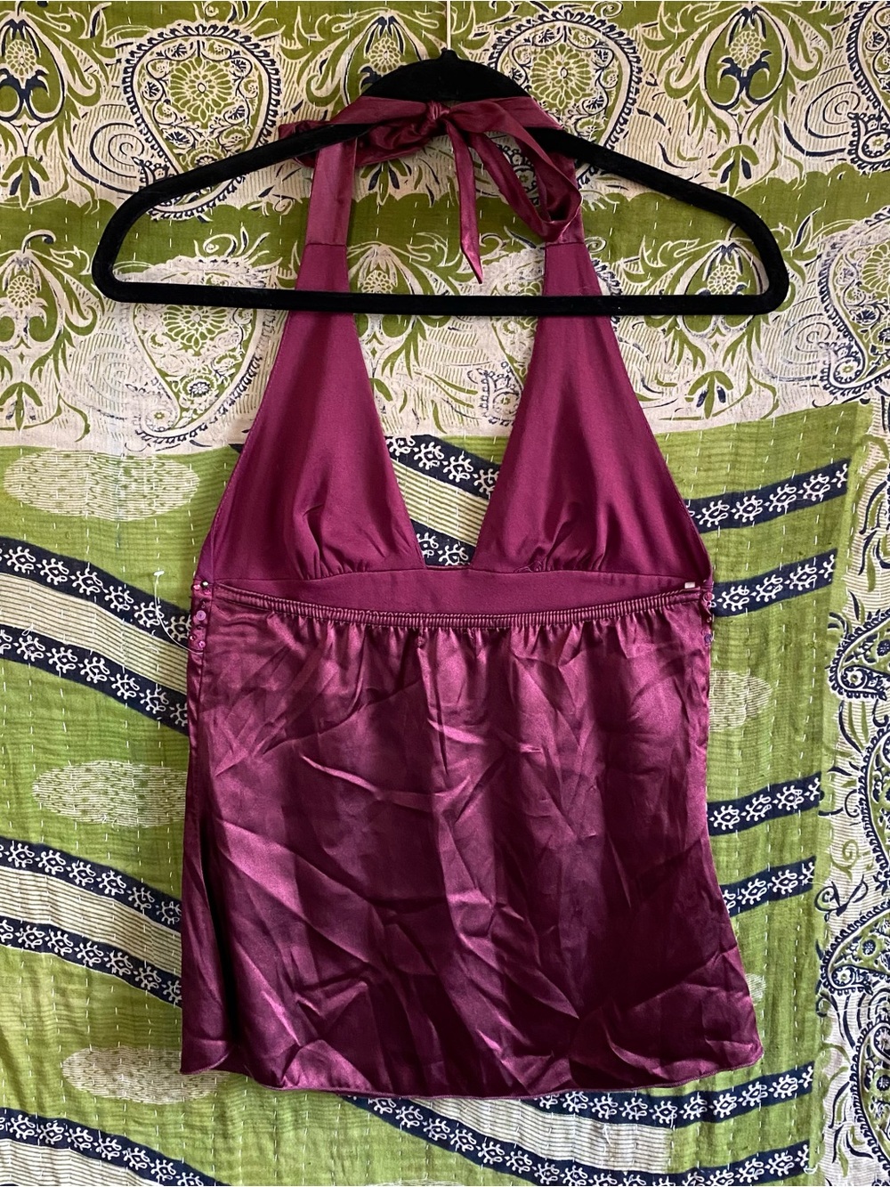 Vintage Y2K Twenty One Plum Silk/ Satin Sequined Fairycore Halter Top Small - Picture 8 of 13